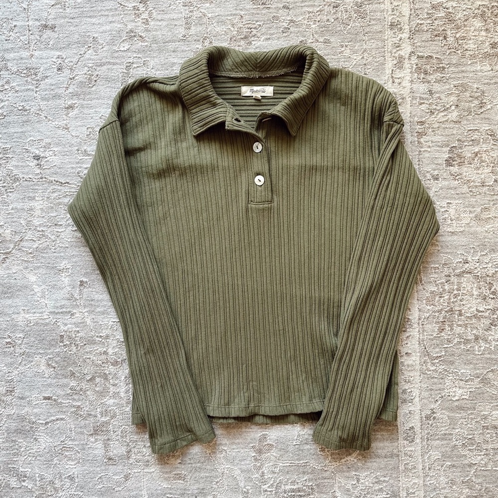 Madewell Olive Green Ribbed Button-Down Long Sleeve Top
